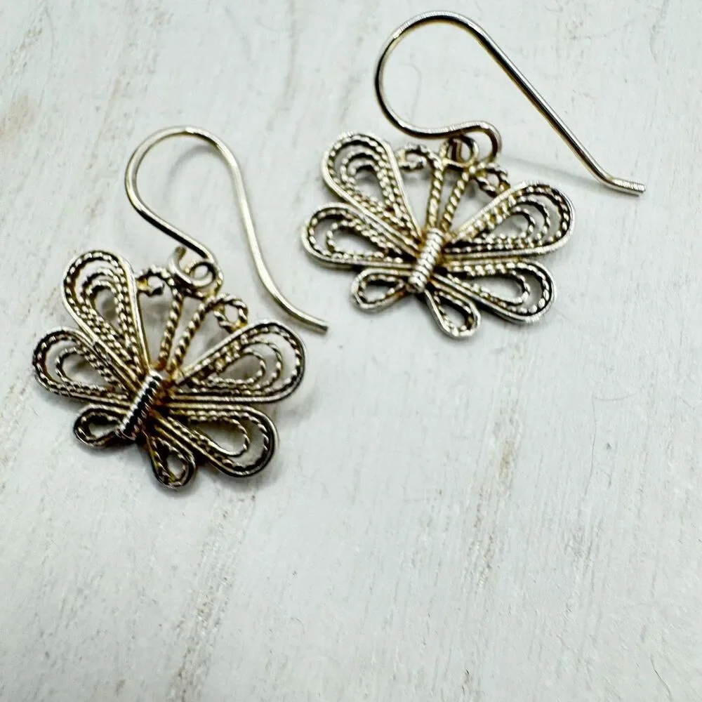 Sterling Silver Filigree Butterfly Drop Dangle Earrings whimsical Fairycore